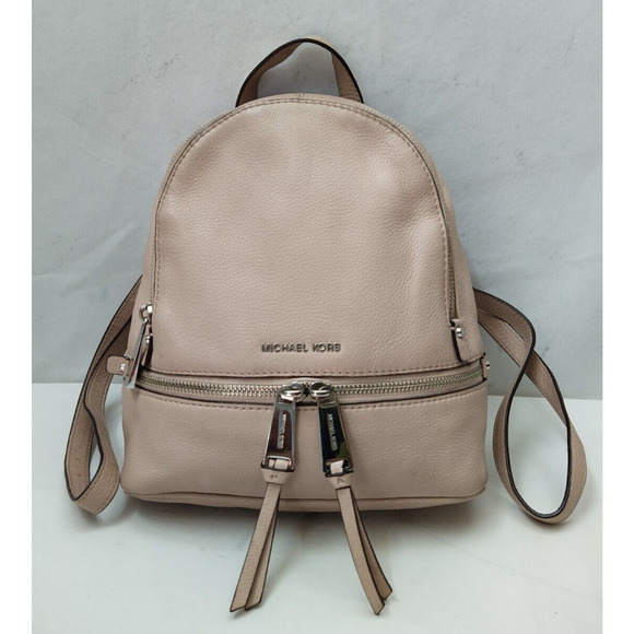 Michael Kors Rhea Beige Pink Pebbled Leather Zipper Pockets Backpack - Picture 1 of 16